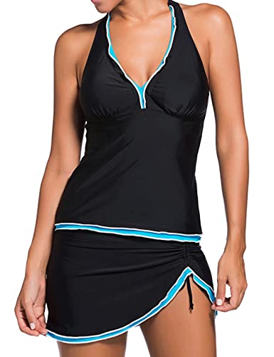 Minetom Damen Zweiteilig Badeanzug Push up Bademode Große Größen Sport Bauchweg Tankini Set Top und Hosenrock Schwimmanzug A Schwarz M von Minetom