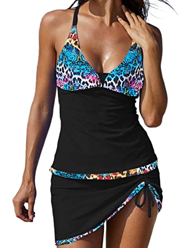 Minetom Damen Zweiteilig Badeanzug Push up Bademode Große Größen Sport Bauchweg Tankini Set Top und Hosenrock Schwimmanzug B Blau 3XL von Minetom