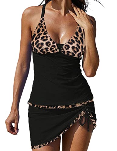 Minetom Damen Zweiteilig Badeanzug Push up Bademode Große Größen Sport Bauchweg Tankini Set Top und Hosenrock Schwimmanzug B Khaki S von Minetom