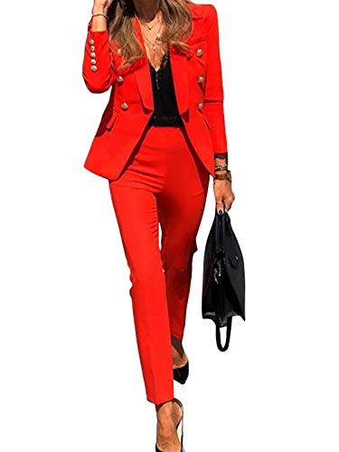 Minetom Damen Zweiteiliger Anzug Set Büro Formal Blazer Langarm Anzugjacke Hosenanzug Slim Fit Hose 2 Stück A Rot 42 von Minetom