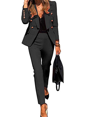 Minetom Damen Zweiteiliger Anzug Set Business Büro Formal Blazer Umlegekragen Anzugjacke Hosenanzug Slim Fit Hose 2 Stück A Schwarz 44 von Minetom