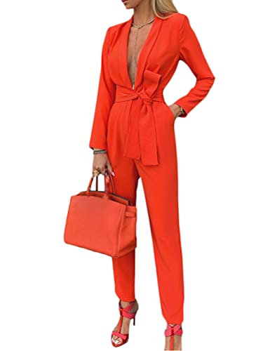 Minetom Damen Zweiteiliger Anzug Set Revers Büro Business Blazer Langarm Anzugjacke Hosenanzug Slim Fit Hose 2 Stück F Orange XL von Minetom