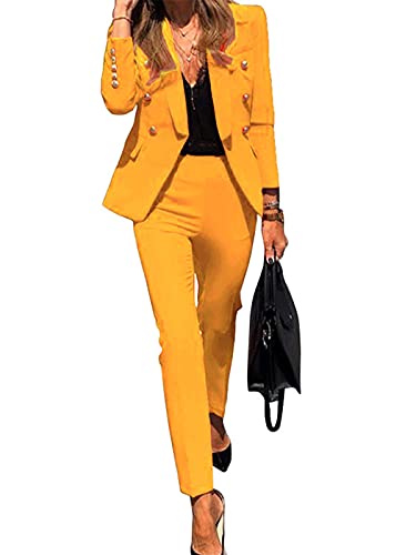 Minetom Damen Zweiteiliger Anzug Set Revers Business Büro Formal Blazer Anzugjacke Hosenanzug Hose 2 Stück A Gelb 44 von Minetom