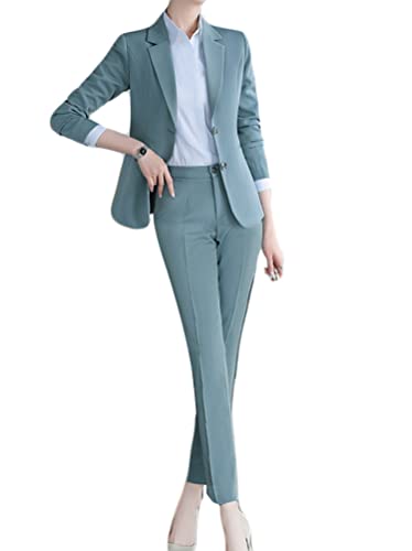 Minetom Damen Zweiteiliger Anzug Set Revers Business Büro Formal Blazer Elegant Langarm Anzugjacke Hosenanzug Slim Fit Hose 2 Stück A Grau-blau 3XL von Minetom