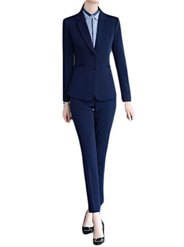 Minetom Damen Zweiteiliger Anzug Set Revers Business Büro Formal Blazer Elegant Langarm Anzugjacke Hosenanzug Slim Fit Hose 2 Stück A Marine M von Minetom