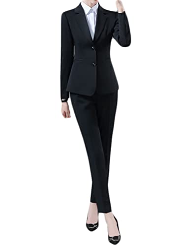 Minetom Damen Zweiteiliger Anzug Set Revers Business Büro Formal Blazer Elegant Langarm Anzugjacke Hosenanzug Slim Fit Hose 2 Stück A Schwarz 3XL von Minetom