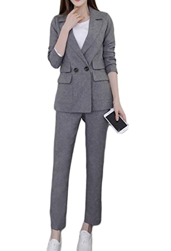 Minetom Damen Zweiteiliger Anzug Set Revers Business Büro Formal Blazer Elegant Langarm Anzugjacke Hosenanzug Slim Fit Hose 2 Stück C Grau M von Minetom