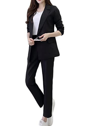Minetom Damen Zweiteiliger Anzug Set Revers Business Büro Formal Blazer Elegant Langarm Anzugjacke Hosenanzug Slim Fit Hose 2 Stück C Schwarz M von Minetom