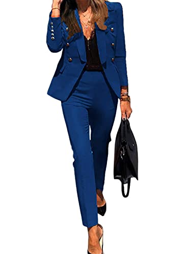 Minetom Damen Zweiteiliger Anzug Set Revers Business Büro Formal Blazer Langarm Anzugjacke Hose 2 Stück A Blau 40 von Minetom