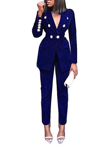 Minetom Damen Zweiteiliger Anzug Set Revers Business Büro Formal Blazer Langarm Anzugjacke Hosenanzug Slim Fit Hose 2 Stück C Blau 36 von Minetom