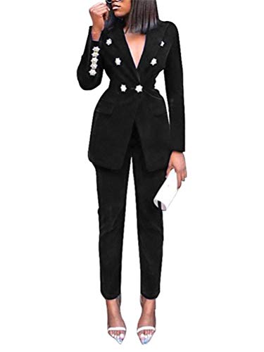 Minetom Damen Zweiteiliger Anzug Set Revers Business Büro Formal Blazer Langarm Anzugjacke Hosenanzug Slim Fit Hose 2 Stück C Schwarz 36 von Minetom