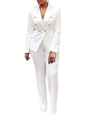 Minetom Damen Zweiteiliger Anzug Set Revers Business Büro Formal Blazer Langarm Anzugjacke Hosenanzug Slim Fit Hose 2 Stück D Weiß 46 von Minetom