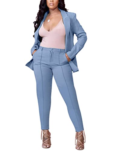 Minetom Damen Zweiteiliger Anzug Set Revers Business Büro Formal Blazer Langarm Anzugjacke Hosenanzug Slim Fit Hose 2 Stück E Blau 38 von Minetom