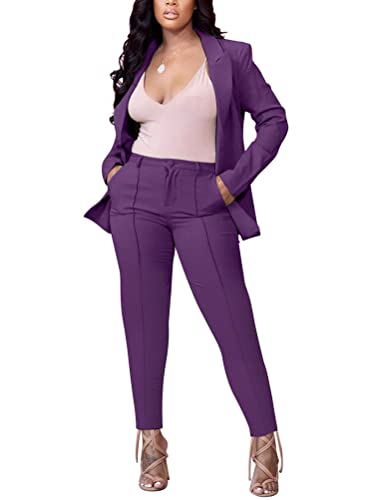 Minetom Damen Zweiteiliger Anzug Set Revers Business Büro Formal Blazer Langarm Anzugjacke Hosenanzug Slim Fit Hose 2 Stück E Violett 38 von Minetom