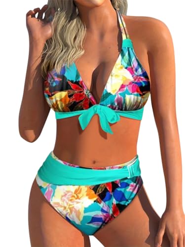 Minetom Damen Zweiteiliger Badeanzug V Ausschnitt Überkreuztes Blumenmuster Bikini Bademode Bauchkontrolle Bikini Sets High Waist Push Up Swimsuit A Blau XXL von Minetom