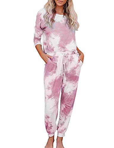 Minetom Damen Zweiteiliger Schlafanzug Set Baumwolle Langarm Nachtwäsche Sleepwear und Pyjamahose Lounge Sets Zwei Stück Tie Dye D Rosa XXL von Minetom