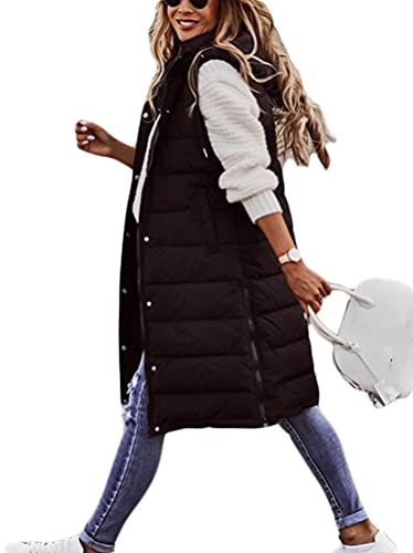 Minetom Daunenweste Damen Lang Wintermantel Vest mit Kapuze Weste Mantel Ärmellose Warm Daunenmantel mit Taschen Steppweste Steppjacke Outdoor 1 D Schwarz 34 von Minetom