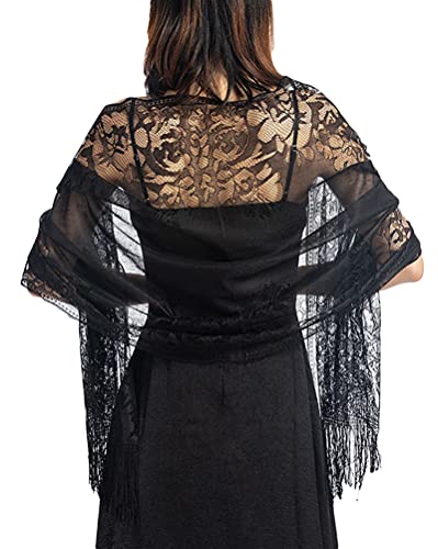 Minetom Elegant Braut Schal Stola Schal für Kleider Retro Umschlagtücher Bolero Spitze Schal Wraps für Abendkleid Party Hochzeit A Schwarz Einheitsgröße von Minetom