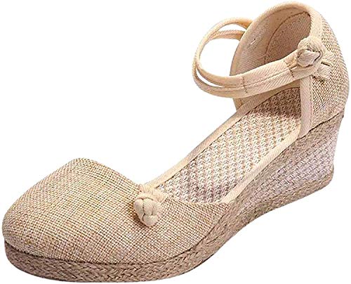 Minetom Espadrille Damen Retro Sandalen Badesandale Mode Keilabsatz Wedge Chic Bequem Schnalle Plattform Sommerschuhe Keile Schuhe Beige 35 EU von Minetom