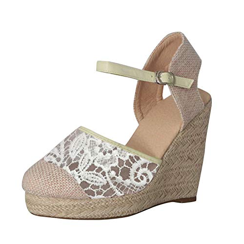 Minetom Espadrille Damen Sandalen Elegant Spitze Hohl Badesandale Mode Schnalle Keilabsatz Wedge Plateau Offene Sommerschuhe Großformat Keile Schuhe Beige 34 EU von Minetom