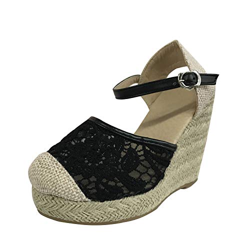 Minetom Espadrille Damen Sandalen Elegant Spitze Hohl Badesandale Mode Schnalle Keilabsatz Wedge Plateau Offene Sommerschuhe Großformat Keile Schuhe Schwarz 34 EU von Minetom