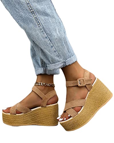 Minetom Espadrilles Damen Peep Toe Sandalen Keilabsatz Wedge Plattform Sommerschuhe Plateauschuhe Strand Schuhe A Khaki 39 EU von Minetom