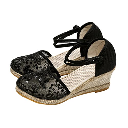 Minetom Espadrilles Damen Retro Sandalen Keilabsatz Wedge Plattform Sommerschuhe Plateauschuhe Frauen Mesh Pailletten Schuhe C Schwarz 37 EU von Minetom