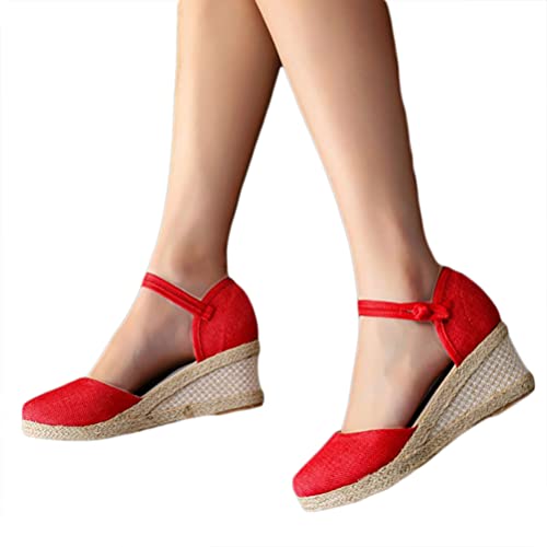 Minetom Espadrilles Damen Retro Sandalen Keilabsatz Wedge Plattform Sommerschuhe Plateauschuhe Frauen Schuhe A Rot 38 EU von Minetom