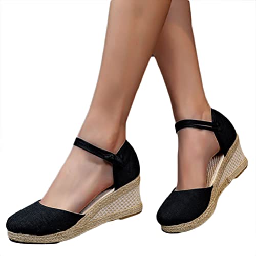 Minetom Espadrilles Damen Retro Sandalen Keilabsatz Wedge Plattform Sommerschuhe Plateauschuhe Frauen Schuhe A Schwarz 39 EU von Minetom