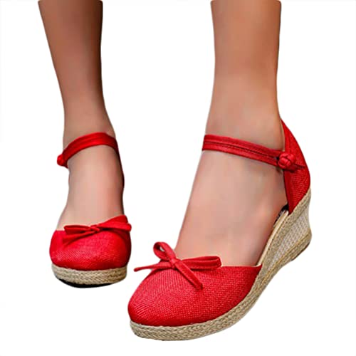 Minetom Espadrilles Damen Retro Sandalen Keilabsatz Wedge Plattform Sommerschuhe Plateauschuhe Frauen Schuhe B Rot 38 EU von Minetom