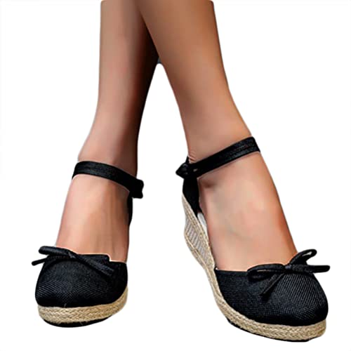 Minetom Espadrilles Damen Retro Sandalen Keilabsatz Wedge Plattform Sommerschuhe Plateauschuhe Frauen Schuhe B Schwarz 39 EU von Minetom