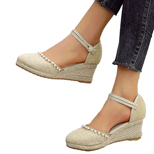 Minetom Espadrilles Damen Retro Sandalen Keilabsatz Wedge Plattform Sommerschuhe Plateauschuhe Frauen Schuhe E Beige 35 EU von Minetom