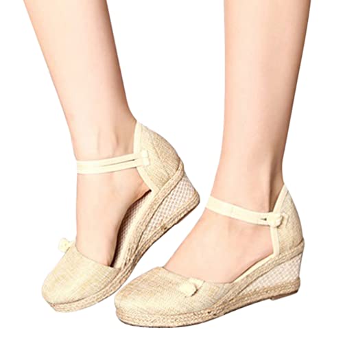 Minetom Espadrilles Damen Retro Sandalen Keilabsatz Wedge Plattform Sommerschuhe Plateauschuhe Frauen Schuhe F Beige 39 EU von Minetom