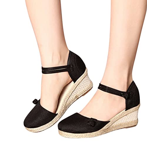 Minetom Espadrilles Damen Retro Sandalen Keilabsatz Wedge Plattform Sommerschuhe Plateauschuhe Frauen Schuhe F Schwarz 39 EU von Minetom