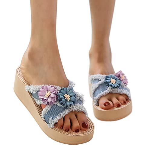 Minetom Espadrilles Sandalen Damen Mädchen Denim Leinen Flache Plattform Schuhe Keilabsatz Strand Hausschuhe Sommer Offene Zehe Pantoffeln A Blau 1 36 EU von Minetom