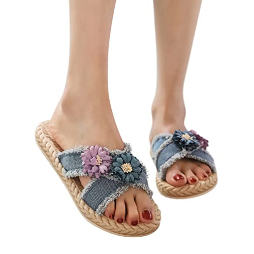 Minetom Espadrilles Sandalen Damen Mädchen Denim Leinen Flache Plattform Schuhe Keilabsatz Strand Hausschuhe Sommer Offene Zehe Pantoffeln A Blau 2 39 EU von Minetom