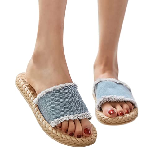 Minetom Espadrilles Sandalen Damen Mädchen Denim Leinen Flache Plattform Schuhe Keilabsatz Strand Hausschuhe Sommer Offene Zehe Pantoffeln D Blau 2 35 EU von Minetom