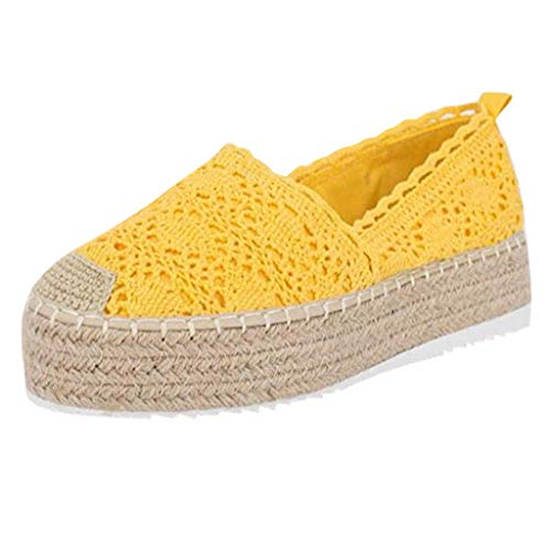 Minetom Espadrilles mit Plateauabsatz Freizeitschuhe Hohler Plattform Atmungsaktivem Keilabsatz Spitze Bohemian Sandalen Pantoffel Sommerschuhe Gelb 40 EU von Minetom