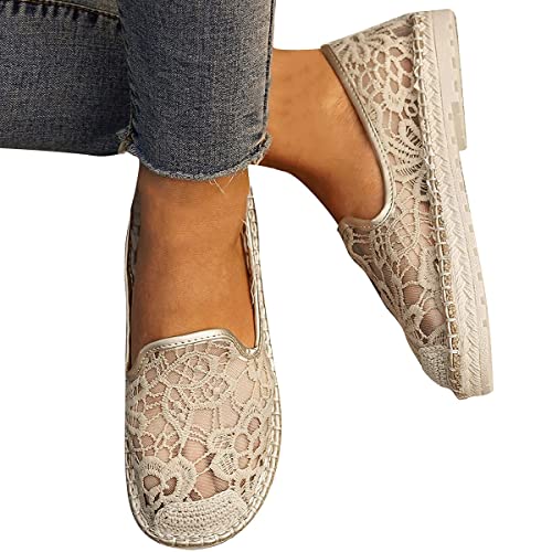 Minetom Flache Canvas Sneaker Damen Stoffschuhe Low Slip-Ons Stoffschuhe Spitze Mesh Kleine Florale Freizeitschuhe Bequeme Flache Schuhe Lässige Einzelne Schuhe Wanderschuhe A Beige 39 EU von Minetom