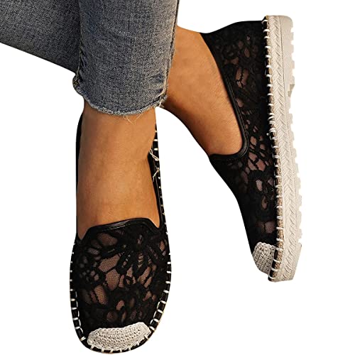 Minetom Flache Canvas Sneaker Damen Stoffschuhe Low Slip-Ons Stoffschuhe Spitze Mesh Kleine Florale Freizeitschuhe Bequeme Flache Schuhe Lässige Einzelne Schuhe Wanderschuhe A Schwarz 39 EU von Minetom