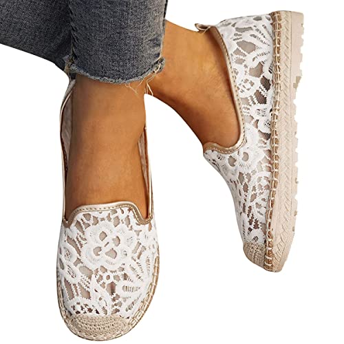 Minetom Flache Canvas Sneaker Damen Stoffschuhe Low Slip-Ons Stoffschuhe Spitze Mesh Kleine Florale Freizeitschuhe Bequeme Flache Schuhe Lässige Einzelne Schuhe Wanderschuhe A Weiß 39 EU von Minetom