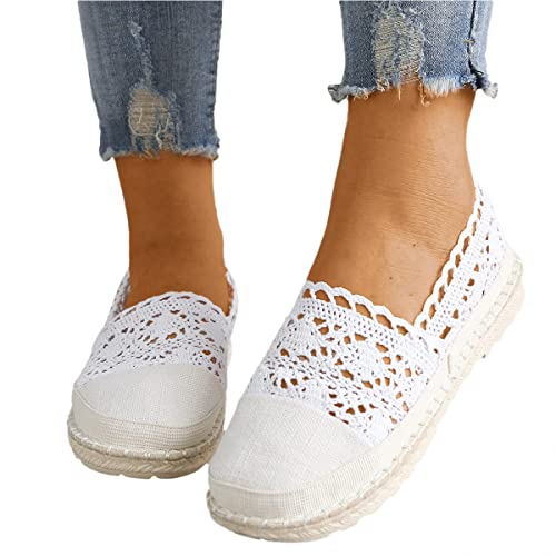 Minetom Flache Canvas Sneaker Damen Stoffschuhe Low Slip-Ons Stoffschuhe Spitze Mesh Kleine Florale Freizeitschuhe Bequeme Flache Schuhe Lässige Einzelne Schuhe Wanderschuhe C Weiß 37 EU von Minetom