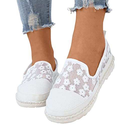 Minetom Flache Canvas Sneaker Damen Stoffschuhe Low Slip-Ons Stoffschuhe Spitze Mesh Kleine Florale Freizeitschuhe Bequeme Flache Schuhe Lässige Einzelne Schuhe Wanderschuhe D Weiß 39 EU von Minetom