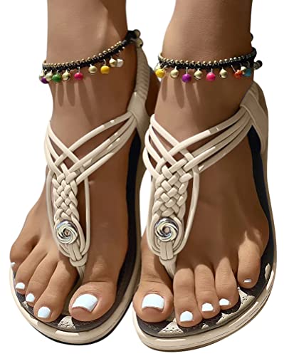 Minetom Flache Sandalen Damen Sommer Freizeit Zehentrenner Mit Weiche Fußbett Bohemia Strand Schuhe Flach Sandalette A Aprikose 40 EU von Minetom