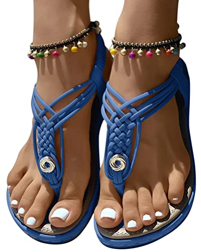 Minetom Flache Sandalen Damen Sommer Freizeit Zehentrenner Mit Weiche Fußbett Bohemia Strand Schuhe Flach Sandalette A Blau 37 EU von Minetom