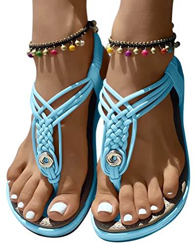 Minetom Flache Sandalen Damen Sommer Freizeit Zehentrenner Mit Weiche Fußbett Bohemia Strand Schuhe Flach Sandalette A Hellblau 40 EU von Minetom