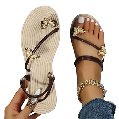 Minetom Flache Sandalen Damen Sommer Schmetterling Strass Freizeit Zehentrenner Sommerschuhe Mädchen Strand Hausschuhe Flip Flops A Braun 40 EU von Minetom