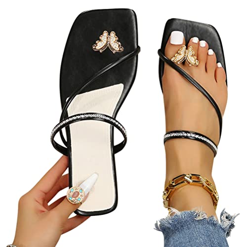 Minetom Flache Sandalen Damen Sommer Schmetterling Strass Freizeit Zehentrenner Sommerschuhe Mädchen Strand Hausschuhe Flip Flops B Schwarz 39 EU von Minetom