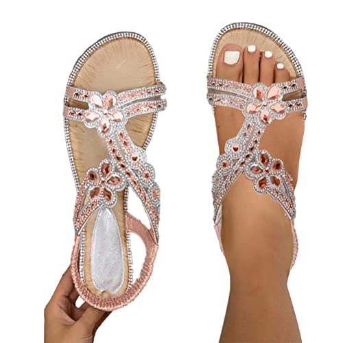 Minetom Flache Sandalen Damen Strass Boho T-Riemen Frauen Sandalen Weichen Sohlen Sommerschuhe Gummiband Slingback Zehentrenner Sandalen Mädchen Strandschuhe D Rosa 39 EU von Minetom