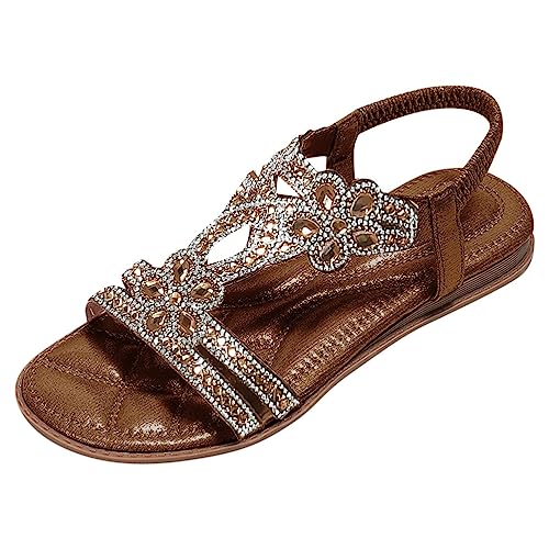 Minetom Flache Sandalen Damen Strass Boho T-Riemen Frauen Sandalen Weichen Sohlen Sommerschuhe Gummiband Slingback Zehentrenner Sandalen Mädchen Strandschuhe A1 Braun 43 EU von Minetom